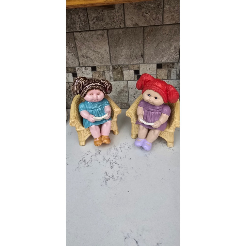 Vintage Cabbage Patch Kids Ceramic Figurines Girls in Wicker Chairs Set of 2